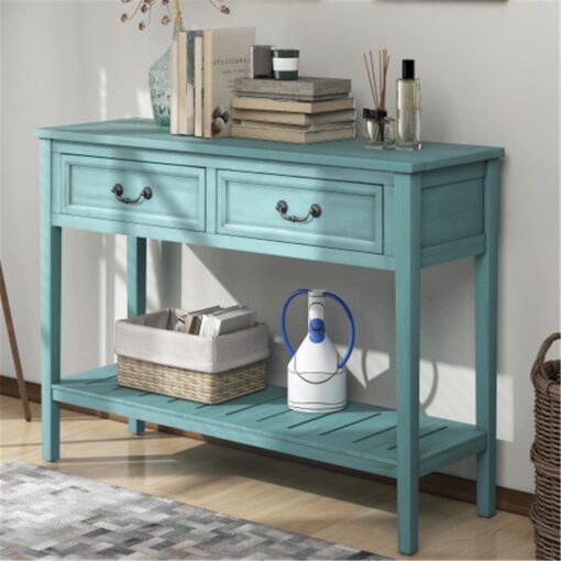 Bàn gỗ kiểu dáng hiện đại U-STYLcó 2 ngăn kéo đựng đồ và kệ dưới cùng để lối vào, hành lang, phòng ăn, bếp - Màu xanh lá cây