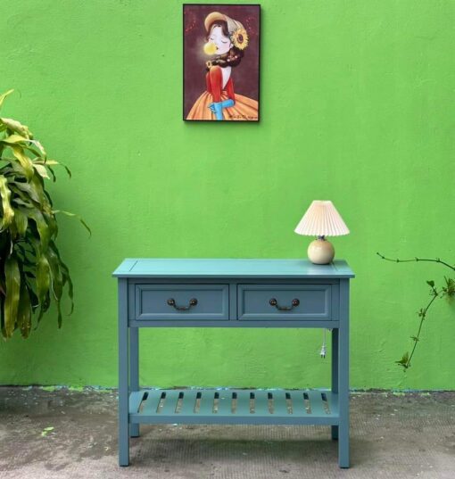 Bàn gỗ kiểu dáng hiện đại U-STYLcó 2 ngăn kéo đựng đồ và kệ dưới cùng để lối vào, hành lang, phòng ăn, bếp - Màu xanh lá cây - Ảnh 3