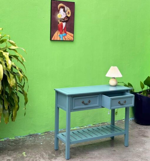 Bàn gỗ kiểu dáng hiện đại U-STYLcó 2 ngăn kéo đựng đồ và kệ dưới cùng để lối vào, hành lang, phòng ăn, bếp - Màu xanh lá cây - Ảnh 4