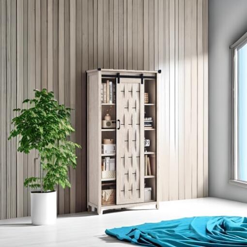 Tủ lưu trữ Farmhouse, tủ đựng thức ăn nhà bếp cao 65" có cửa trượt và 4 kệ có thể điều chỉnh - Ảnh 2