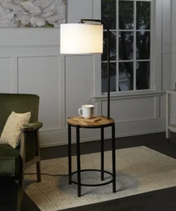 Đèn sàn để bàn bằng gỗ và kim loại màu đen Mainstays kết hợp chụp đèn có bóng đèn LED