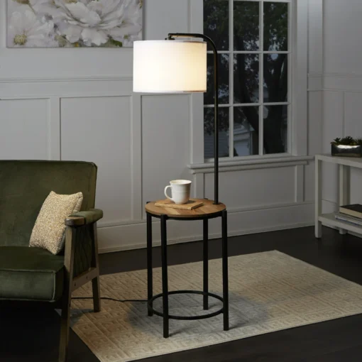 Đèn sàn để bàn bằng gỗ và kim loại màu đen Mainstays kết hợp chụp đèn có bóng đèn LED